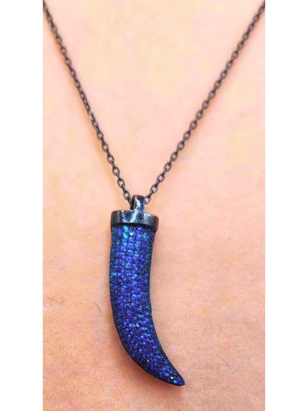 Blue Rhinestone Horn Pendant Necklace Gunmetal Chain